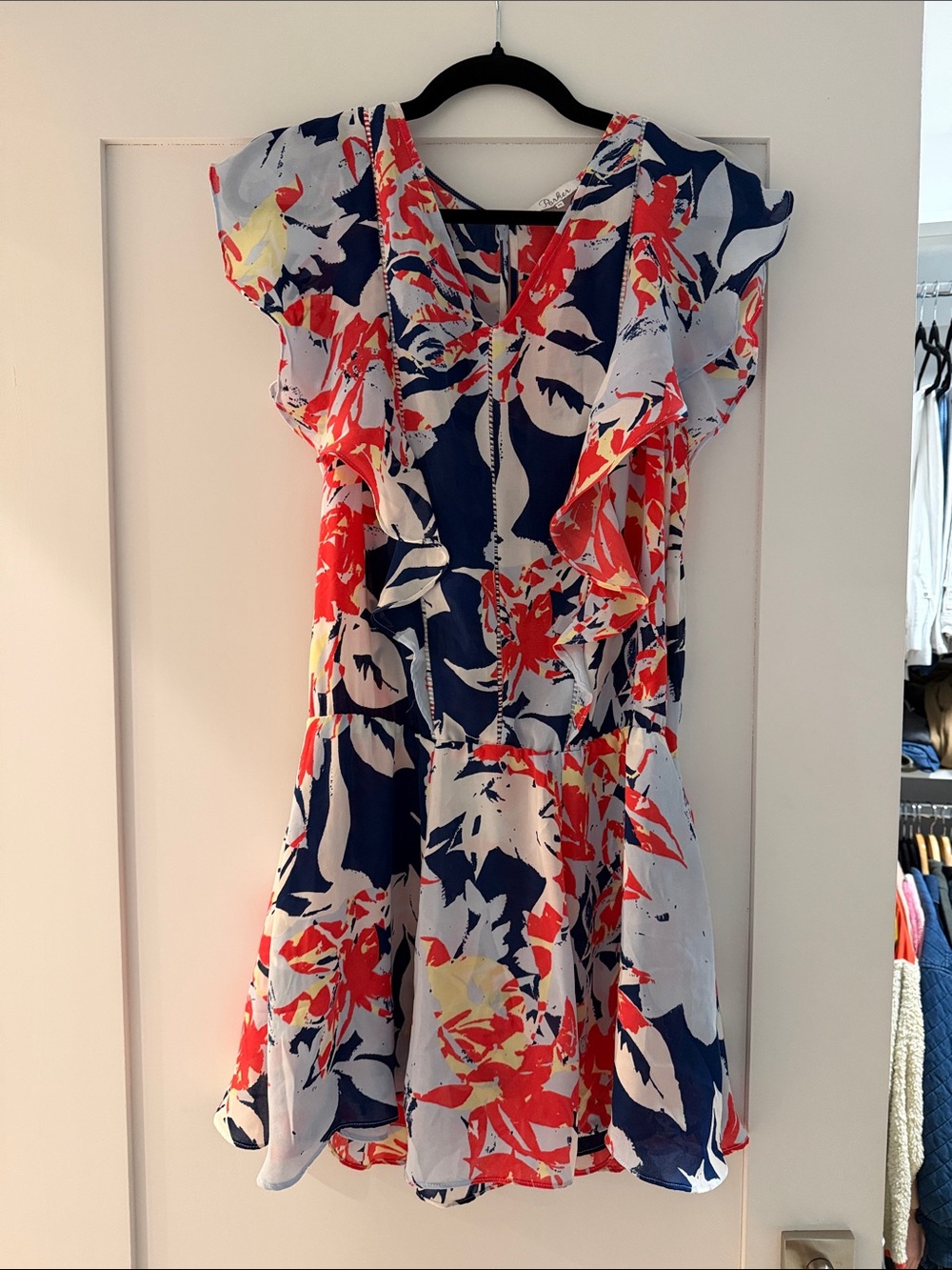 Parker Navy, Coral & Yellow Floral Ruffle Mini Dress